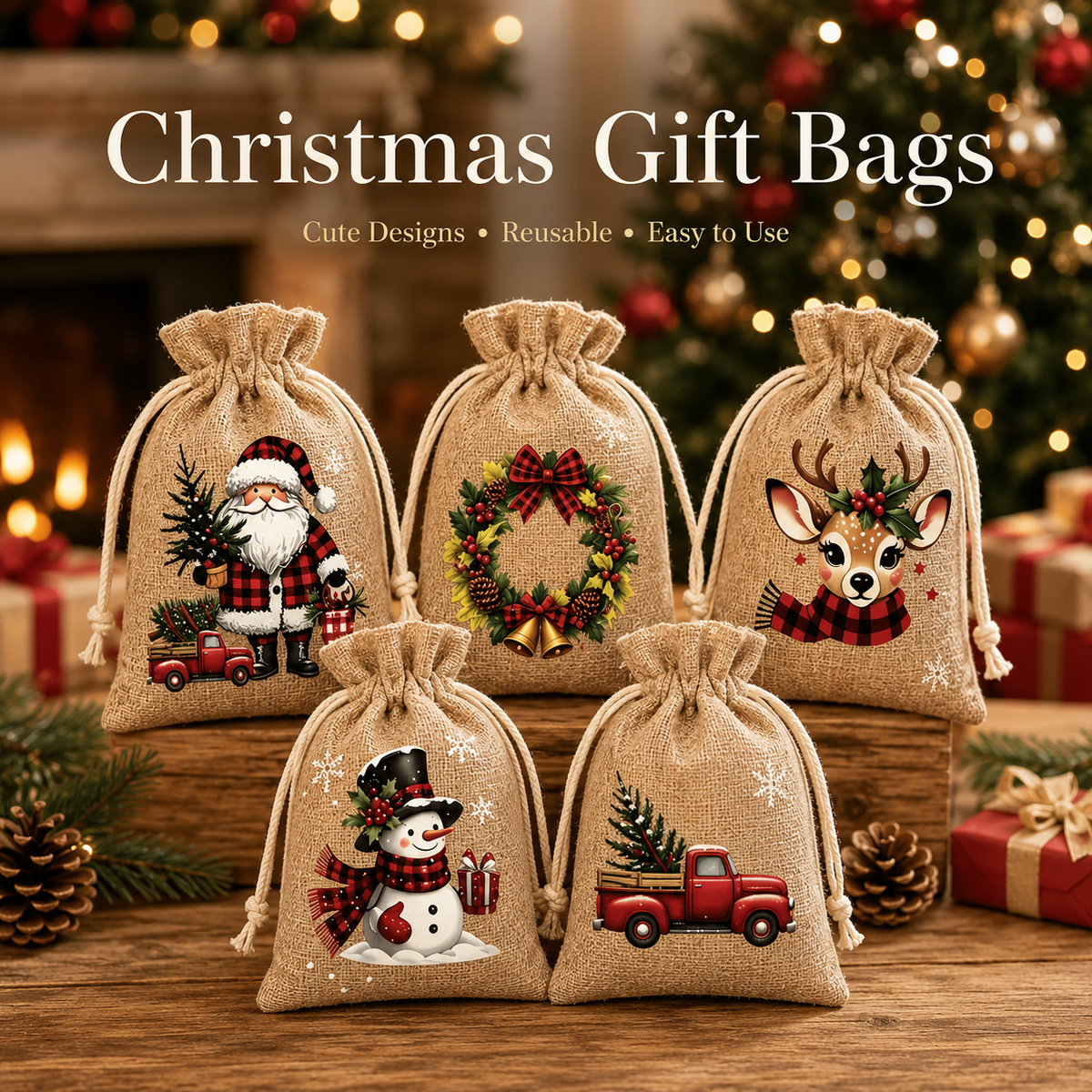 Reusable Fabric Bags with Drawstring Closure – Perfect for Christmas Gifts, Candy & Small Surprises
