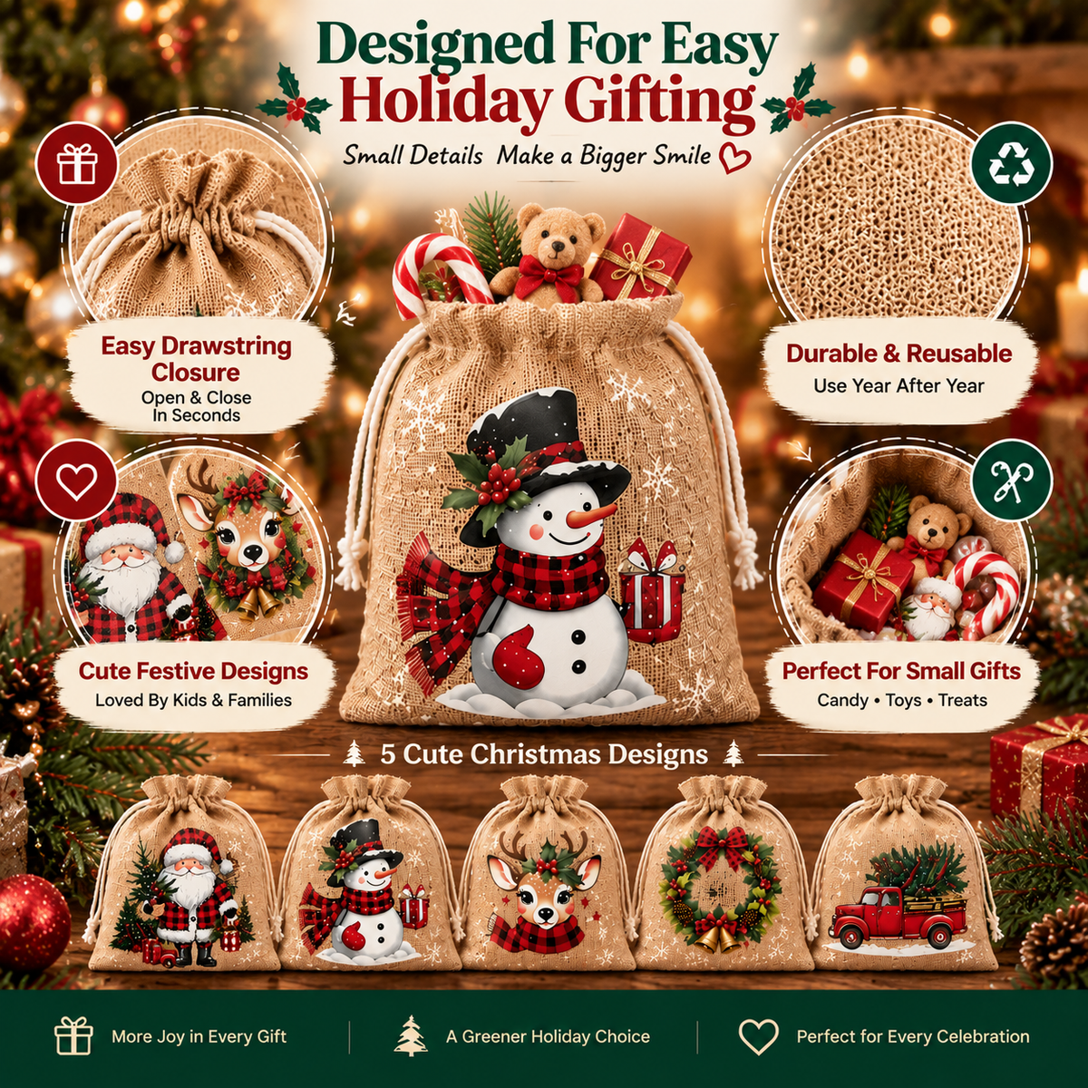 Reusable Fabric Bags with Drawstring Closure – Perfect for Christmas Gifts, Candy & Small Surprises