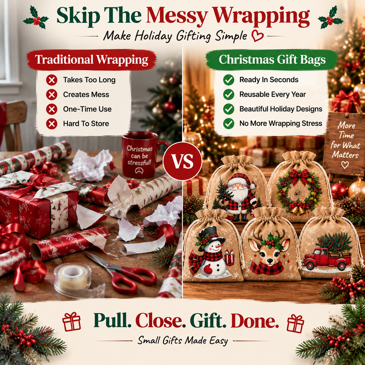 Reusable Fabric Bags with Drawstring Closure – Perfect for Christmas Gifts, Candy & Small Surprises