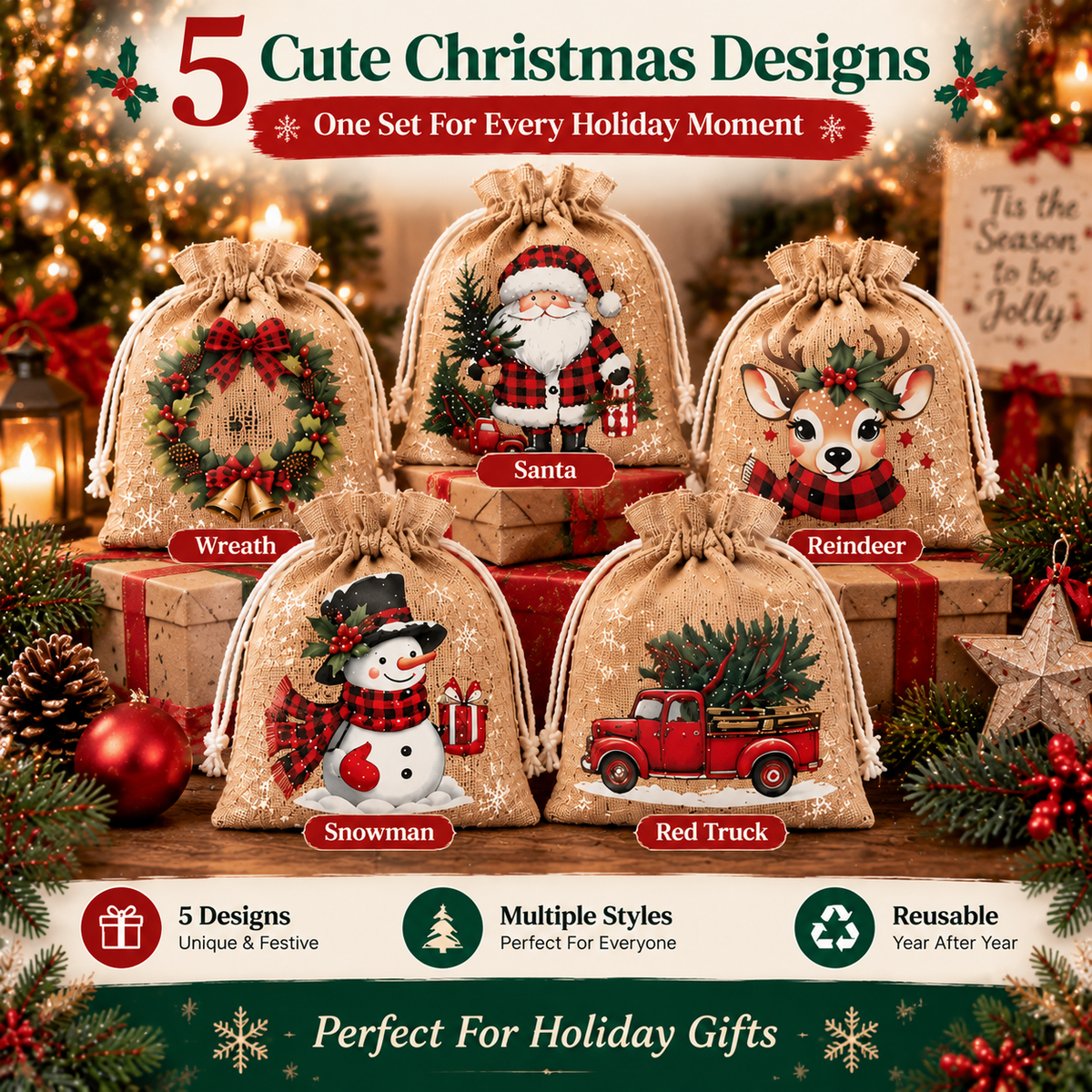 Reusable Fabric Bags with Drawstring Closure – Perfect for Christmas Gifts, Candy & Small Surprises