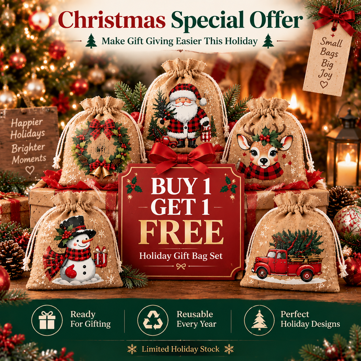 Reusable Fabric Bags with Drawstring Closure – Perfect for Christmas Gifts, Candy & Small Surprises